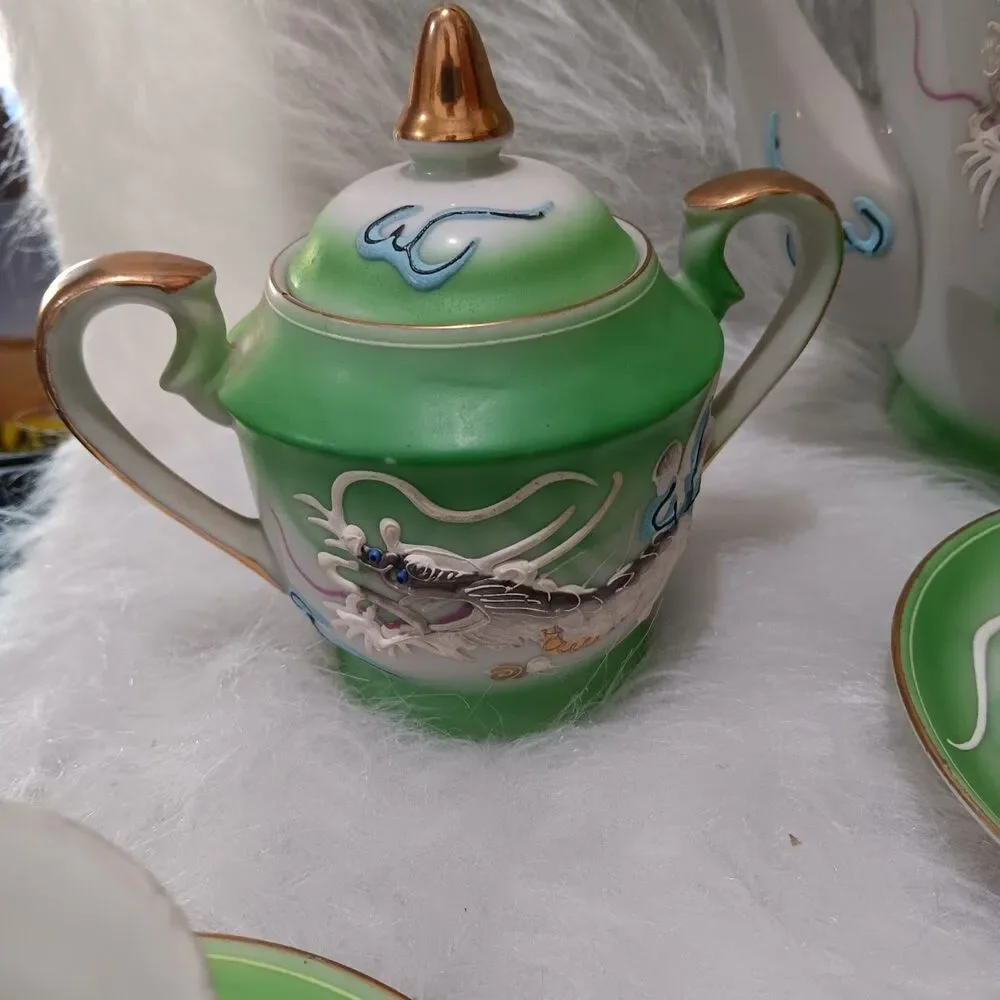 Vintage Hand Decorated Japan Green Moriage Dragon tea set